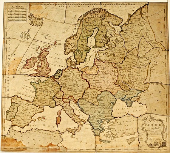 One of the earliest known published jigsaw puzzles: Europe Divided Into Its Kingdoms, John Spilsbury, 1760s.