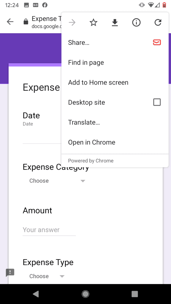Click on the three dots in upper right in order to save Google Form to Android home screen.