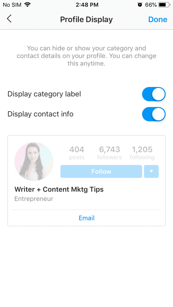 A screenshot of where you can edit your Instagram profile to turn off categories and contact information
