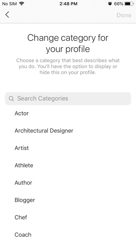 A screenshot of a list of categories to choose from for your Instagram business account