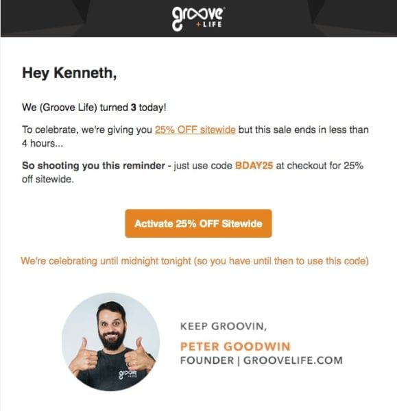 Example of an Anniversary Sale Email from Groove Life