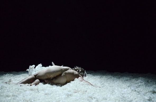 Jordan Lennie on his island of feathers in Swan Lake II: Dark Waters (photo: Nicola Canavan)