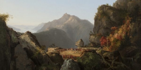 A paiting of a bucolic scene in upstate New York from Last of the Mohicans in the Cooper room at the Fenimore Art Museum