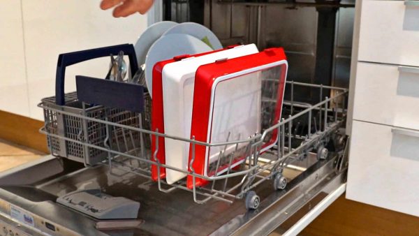 Square away food storage containers in dishwasher Square away food storage containers in dishwasher