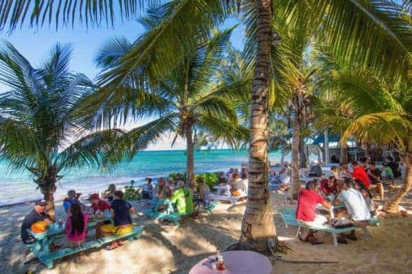 People eating at picnic tables in the sand at da conch bart on tci.