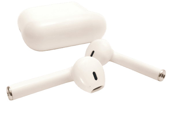 Image shows the earbuds and charging case.