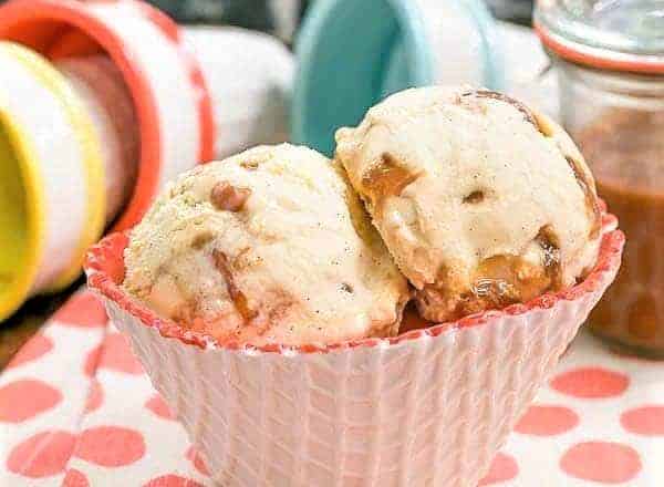Vanilla Caramel Swirl Ice Cream in a waffle textured bowl