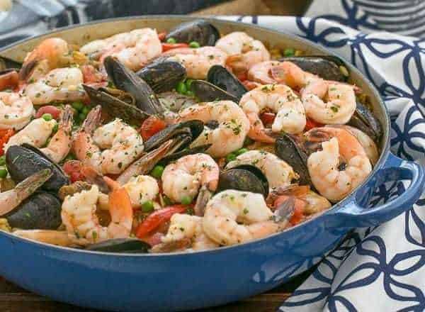 Julia Child's Paella a l'Americaine - Julia's twist on an extraordinary Spanish Classic with rice, saffron, shrimp, mussels and chorizo
