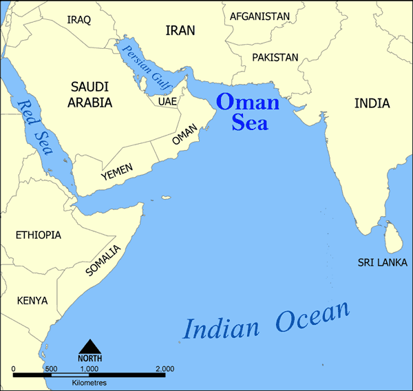 Map showing the Indian Ocean, Oman Sea, and the Red Sea. Map: Epmistes, MediaWiki Commons.