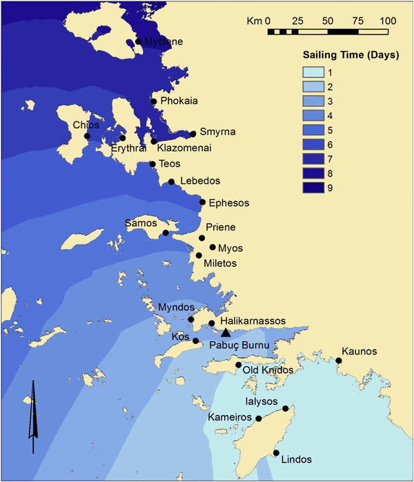 Sailing times from Rhodes (Ialysos or Kameiros), derived using an anisotropic surface. From: Leidwanger, 2013.