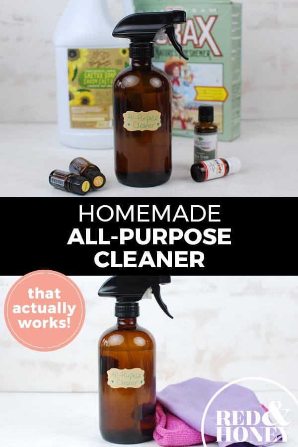 Pinterest pin with two images. Top image is an amber glass spray bottle with essential oil bottles on a counter. Bottom image is a close up of the glass cleaning spray bottle. Text overlay says, "Homemade All-Purpose Cleaner: That actually works!"