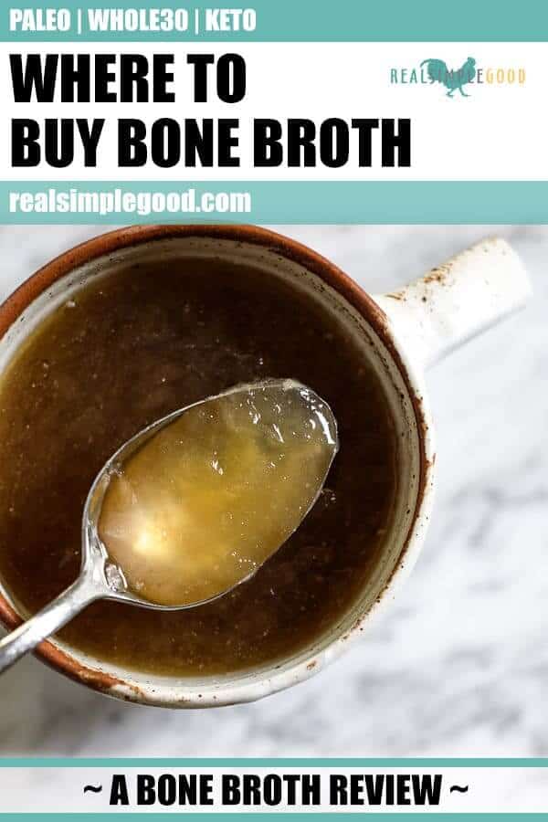 Mug of bone broth and a blog post about where to buy bone broth and why you should add it to your diet.
