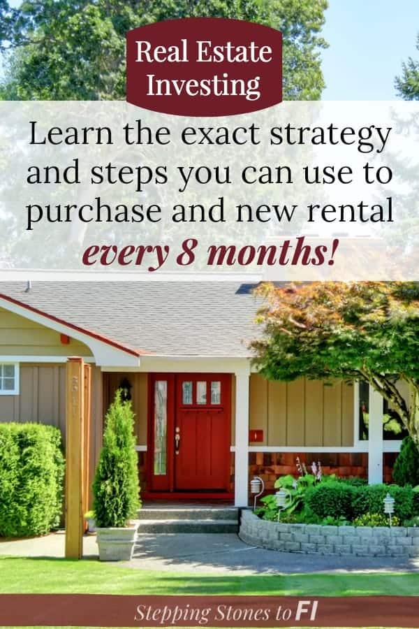 Image of cute home with green lawn and large tree out front and inviting porch and red front door, text overlay "Learn the exact strategy and steps you can use to purchase a new rental every 8 months"