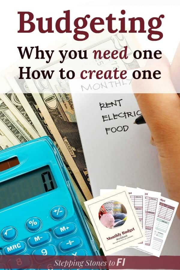 Calculator and stack of money on a desk with a notepad, writing list of budget categories. How to create a budget