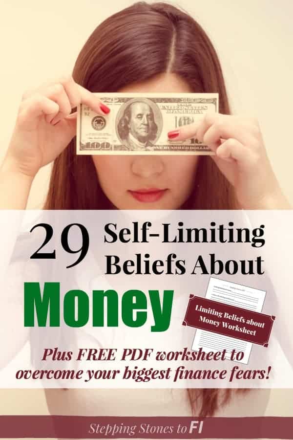 Woman holding $100 bill over her face with text "Self-limiting beliefs about money and how to overcome them"