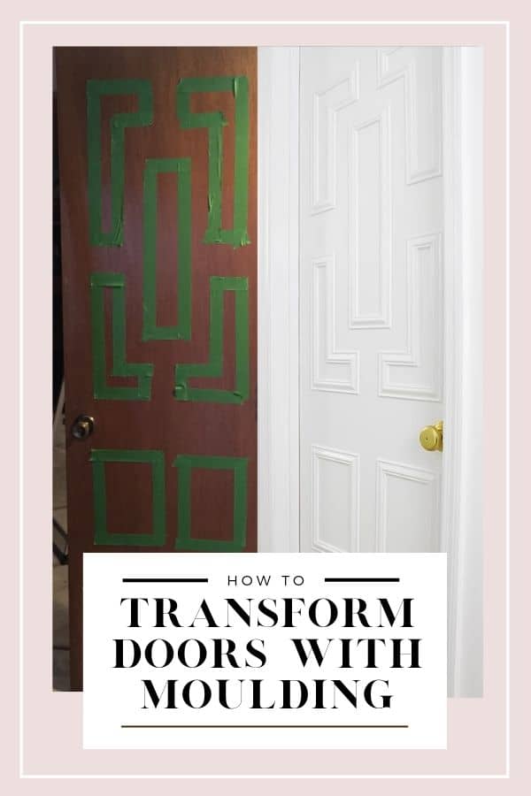 How to create high end looking interior doors from plain flat front hollow core interior doors using decorative trim moulding and white paint. #highenddiy #makeover #doors #diy #interiordesign #homedecor