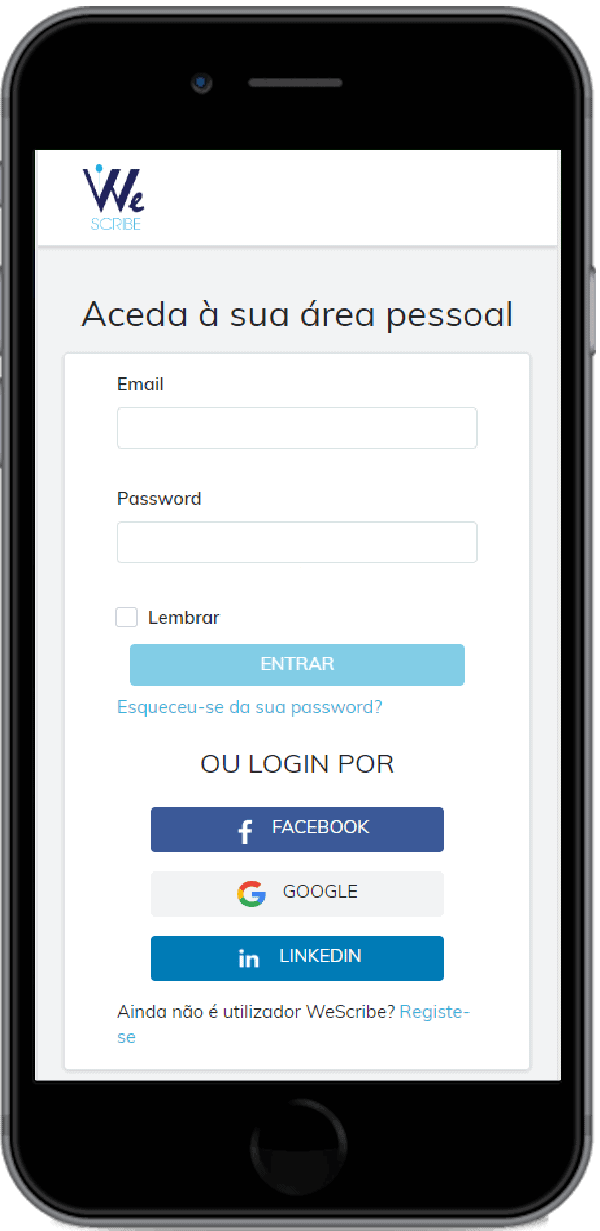 Telemóvel com o ecrã contendo um print da weScribe, Plataforma Transcrição de Áudio
