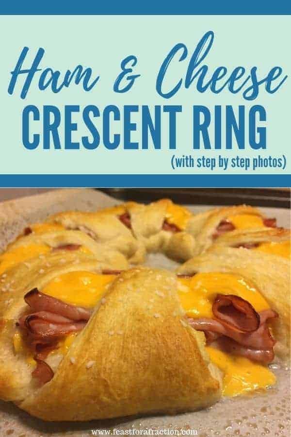 Ham and cheese baked in crescent roll ring sprinkled with pretzel salt on a baking sheet