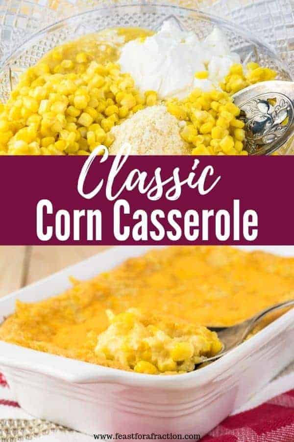 ingredients for corn casserole in a glass bowl with spoon with heading text "Classic Corn Casserole"