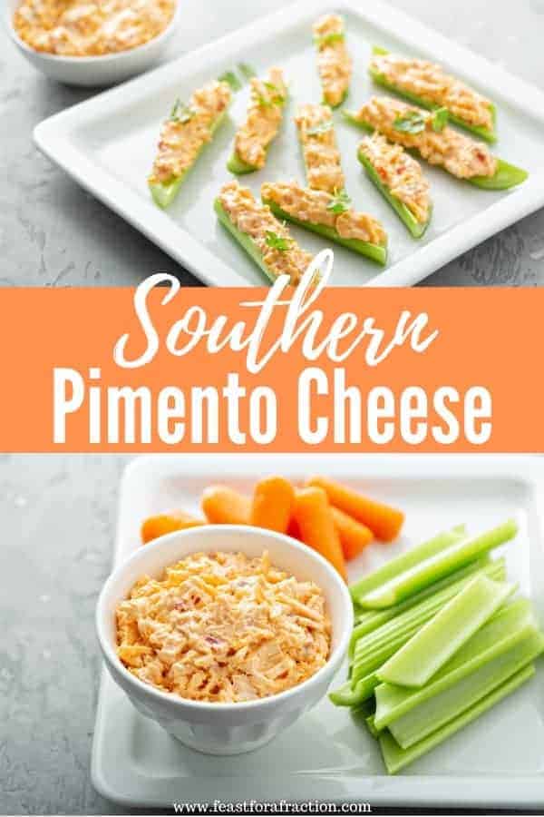 southern pimento cheese spread in a white bowl sitting on a white platter with carrots and celery