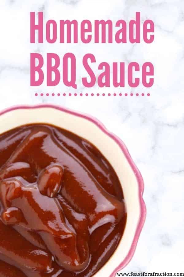 homemade bbq sauce in white bowl with pink trim on marble counter with title text "homemade bbq sauce"