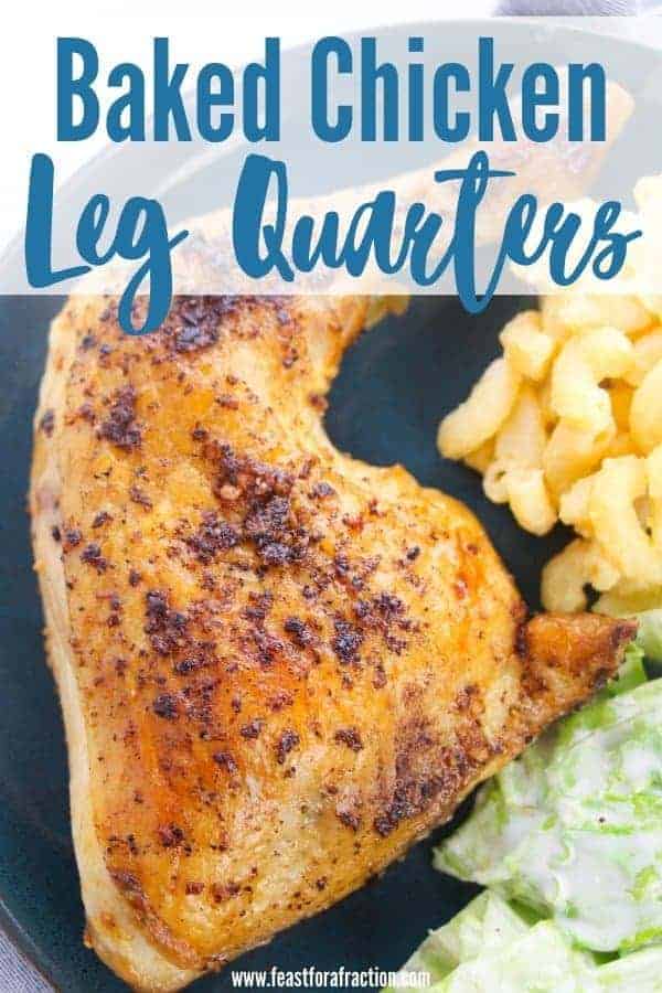 close up of baked chicken leg quarter on blue plate with title text
