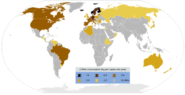 World map showing coffee consumption by country. Map: Bamse, 2007, CC BY 2.0.