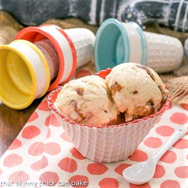 Vanilla Caramel Swirl Ice Cream - a rich, dreamy ice cream with ribbons of caramel Vanilla Caramel Swirl Ice Cream in a white and peach waffle bowl