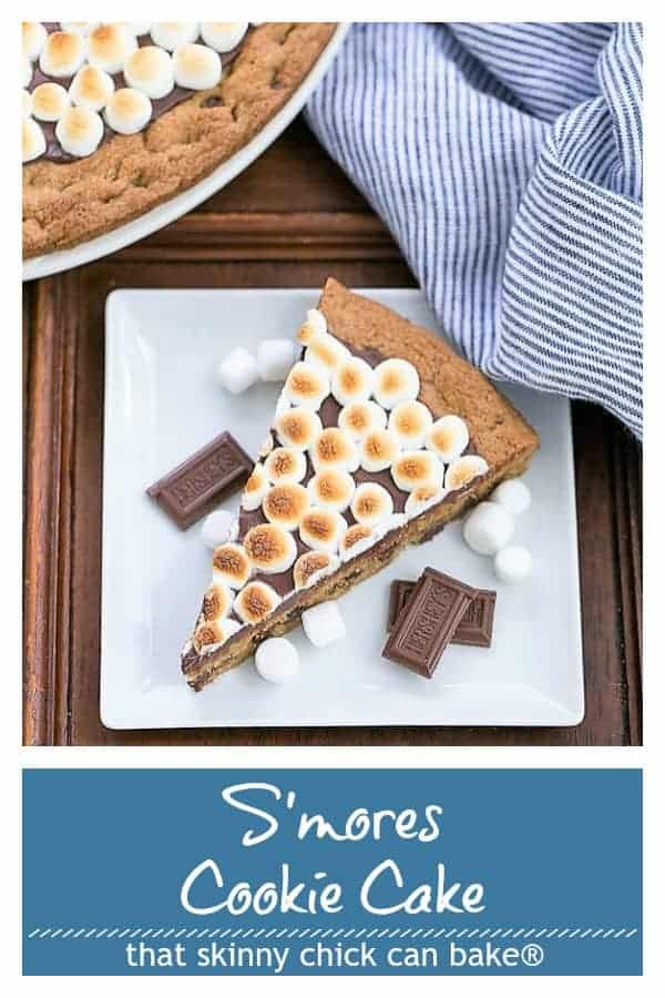 S'mores Cookie Cake - A tasty riff on the classic campfire treat! #smores #cookiecake #picnicdessert #summerdessert #thatskinnychickcanbake S'mores Cookie Cake - A tasty riff on the classic campfire treat! #smores #cookiecake #picnicdessert #chocolate #marshmallows #summerdessert #thatskinnychickcanbake
