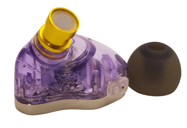 Image shows the earphone with an ear tip removed. The ear tip is next to the earphone.