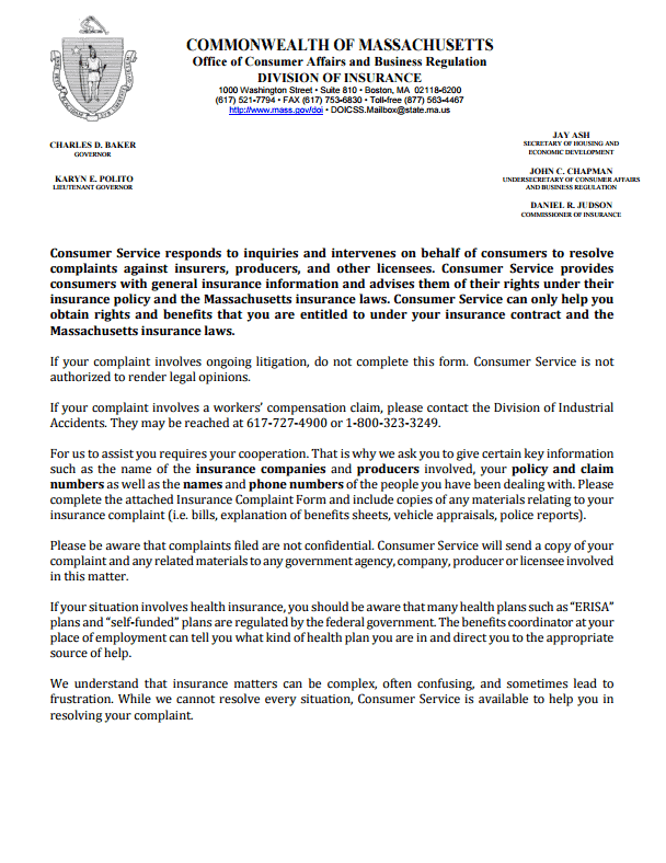 Massachusetts Insurance Commissioner Complaint