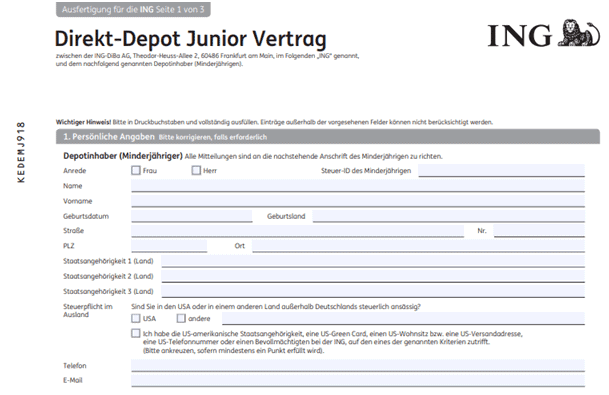ING Junior Depot für Kind eröffnen: Der Fragebogen der ING