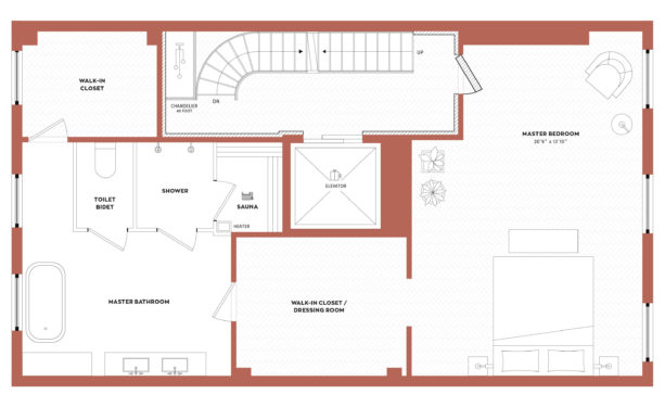 a spacious master bedroom floor plan in the third floor of a luxurious residence in New York