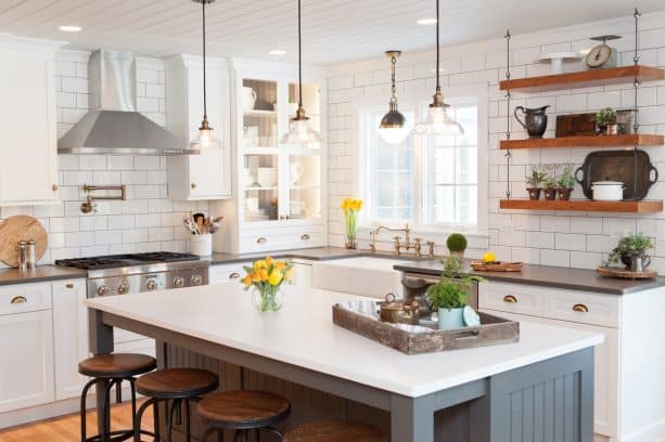kitchen walls from 3x6” white subway tile with medium gray grout