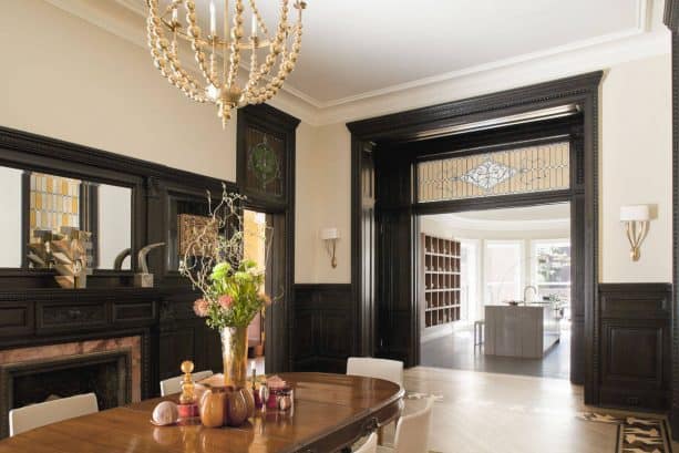 Victorian dining room with black trim and Benjamin Moore Carrington Beige HC-93 wall color combinations