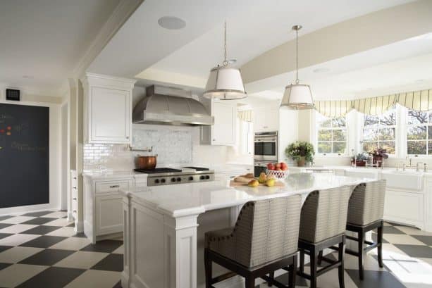 medium size checkered black and white porcelain tiles in kitchen area