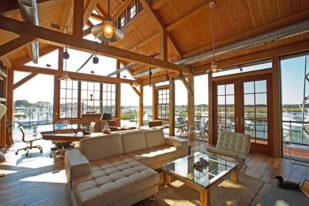 an eclectic living room with tongue and groove roof deck from Douglas fir material