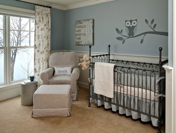 gender neutral traditional nursery room with Benjamin Moore gentle gray 1626 wall paint color
