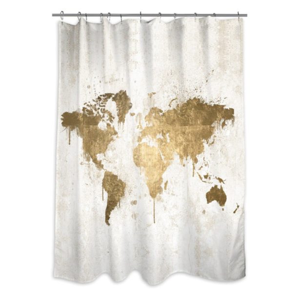 Oliver Gal Artist Co. Mapamundi shower curtain in white and gold colors