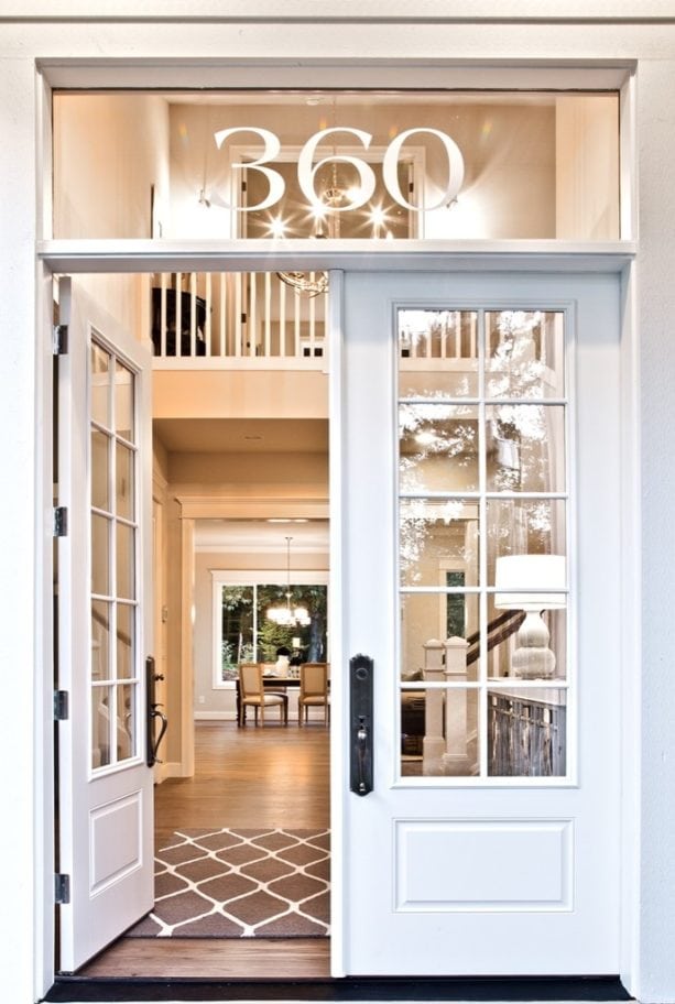transitional front door transom with custom home number vinyl decal