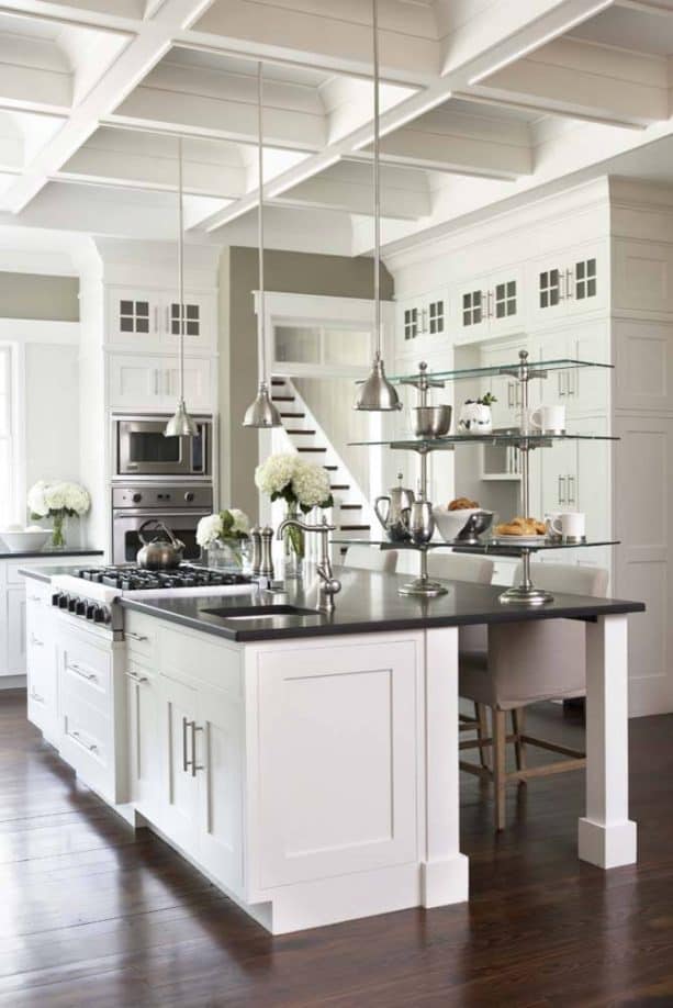 off-white cabinets paired with brushed metal elements in grey tone