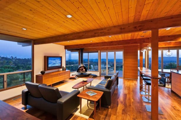 a mid-century modern living room with medium-tone hardwood floor