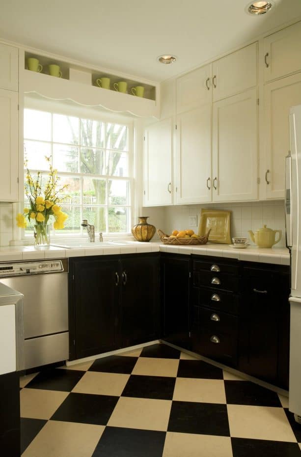 black and cream kitchen cabinets