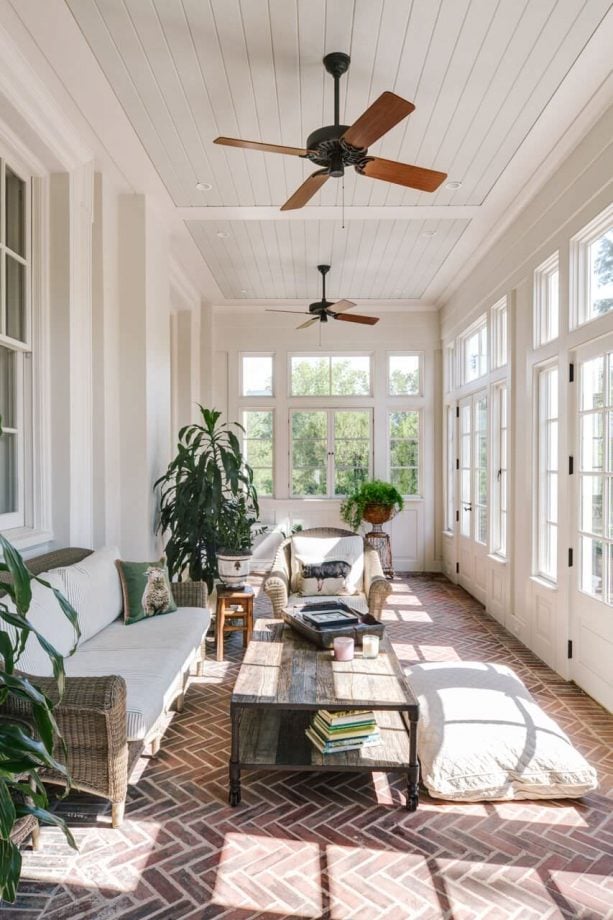 traditional sunroom with beadboard ceiling