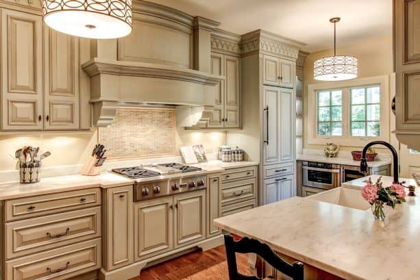 off-white kitchen cabinets with espresso glaze
