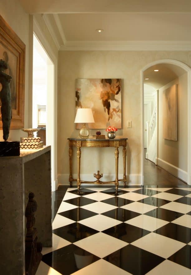 black and white marble tile floor in a traditional entry
