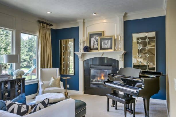 a transitional living room with dark blue walls and gold curtains
