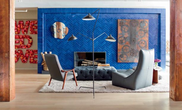 cobalt blue fireplace surround from glazed thin brick tiles