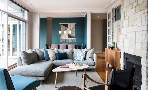 tan and teal walls in a transitional interior