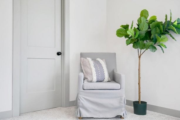 white walls with grey trim and grey door